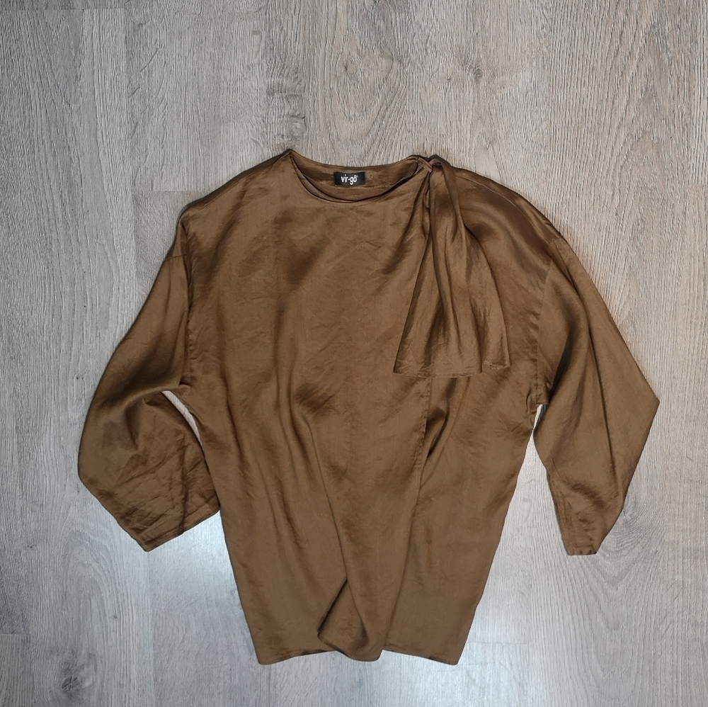 Neo Vintage Upcycled RUST brown Lightweight Sheer Wrapped Bow Neck Blouse